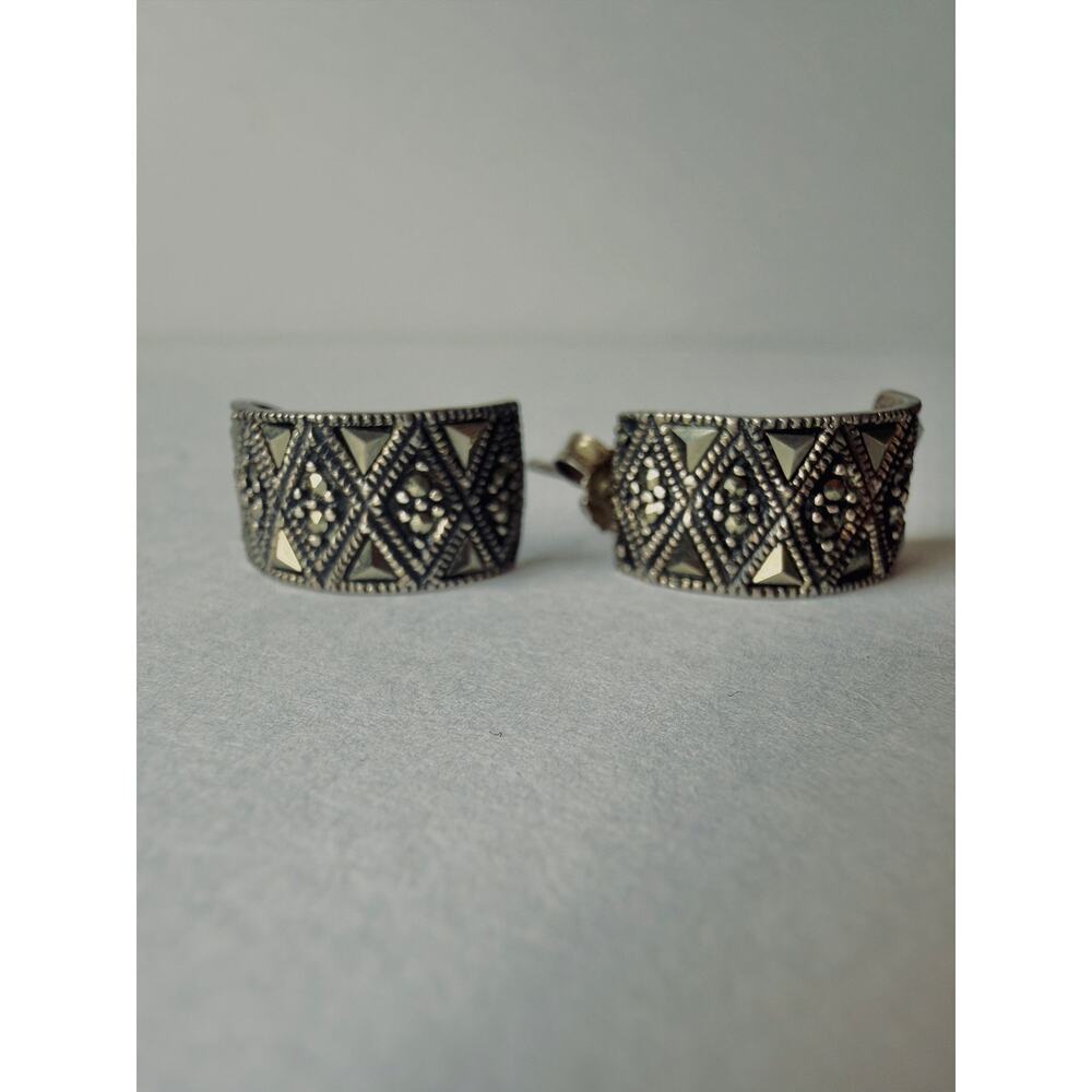 Vintage Sterling Silver Marcasite Hoop Earrings Art Deco Geometric Goth Moody